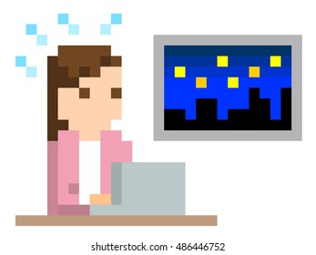 Pixel Illustration: woman to the overtime