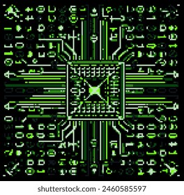 Pixel image of an abstract computer scheme and circuit. Vector illustration in 8-bit retrofuturistic style.