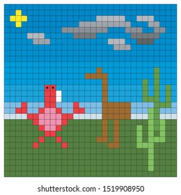Pixel image of an emu hunt in the bush