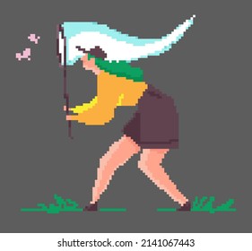Pixel image of a girl catching butterflies.