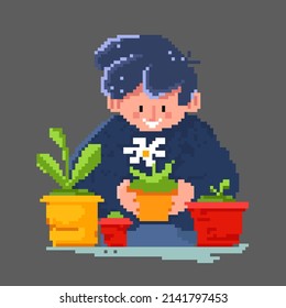 Pixelbild eines Mannes, der sich um Blumen kümmert.