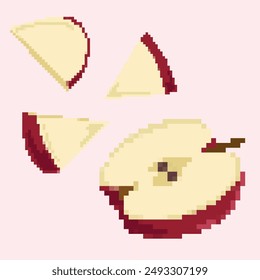Imagen en píxeles de media manzana roja y sus rodajas triangulares. Ideal para impresiones, iconos y fondos