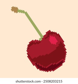 Imagen en píxeles de una cereza roja con una rama en Vector sobre un fondo beige claro. Ideal para icono, pegatina, juegos y diseño retro