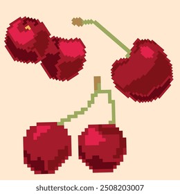 Imagen en píxeles de una cereza roja con y sin ramas en Vector. Ideal para icono, pegatina, juegos y diseño retro