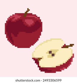 Pixel image of a whole red apple and its half. Ideal for prints, icons and backgrounds