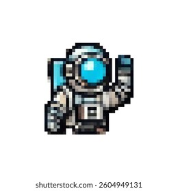 Pixel images of astronauts. Spacesuits, helmets, backpacks in space. Space rangers. Space professions and extraterrestrial technologies