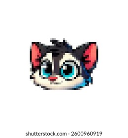 Pixel images of kittens. Playful kittens. Animals in hats. Retro pictures of cheerful emotions.