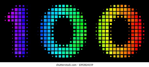 Pixel impressive halftone 100 text icon drawn with spectrum color shades with horizontal gradient on a black background. Colorful vector mosaic of 100 text symbol designed of rectangular cells.