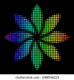 Pixel impressive halftone abstract flower icon in rainbow color tints with horizontal gradient on a black background. Colored vector concept of abstract flower pictogram combined with spheric pixels.