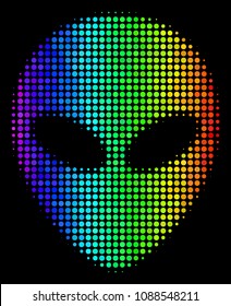 Pixel impressive halftone alien face icon in spectrum color tones with horizontal gradient on a black background. Multicolored vector concept of alien face symbol created from round items.