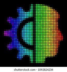 Pixel impressive halftone android robotics icon in spectral color shades with horizontal gradient on a black background.