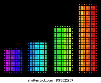 Pixel impressive halftone bar chart icon drawn with spectrum color tinges with horizontal gradient on a black background. Color vector mosaic of bar chart symbol made of rectangle points.