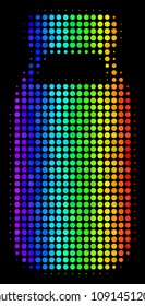 Pixel impressive halftone bottle icon drawn with spectral color shades with horizontal gradient on a black background. Multicolored vector pattern of bottle illustration organized with spheric dots.