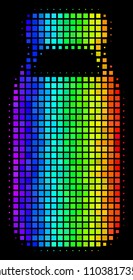 Pixel impressive halftone bottle icon drawn with spectral color hues with horizontal gradient on a black background. Bright vector composition of bottle illustration done of rectangular pixels.
