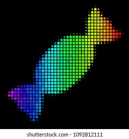 Pixel impressive halftone candy icon drawn with rainbow color tones with horizontal gradient on a black background. Bright vector mosaic of candy pictogram created from square dots.