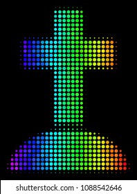 Pixel impressive halftone cemetery icon using spectrum color variations with horizontal gradient on a black background. Color vector composition of cemetery illustration made of circle cells.
