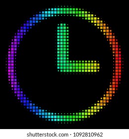 Pixel impressive halftone clock icon using spectrum color tinges with horizontal gradient on a black background. Color vector pattern of clock symbol formed with rectangle cells.