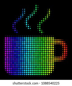 Pixel impressive halftone coffee cup icon using rainbow color variations with horizontal gradient on a black background.