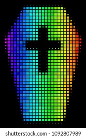 Pixel impressive halftone coffin icon drawn with spectrum color shades with horizontal gradient on a black background. Color vector mosaic of coffin pictogram combined with square points.