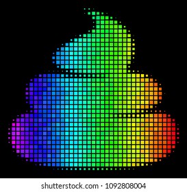 Pixel Impressive Halftone Crap Icon In Rainbow Color Tinges With Horizontal Gradient On A Black Background. Bright Vector Pattern Of Crap Pictogram Combined With Rectangle Items.