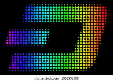 Pixel impressive halftone Dash currency icon drawn with spectral color shades with horizontal gradient on a black background.