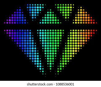 Pixel impressive halftone diamond icon in spectrum color hues with horizontal gradient on a black background. Multicolored vector concept of diamond symbol organized from circle points.