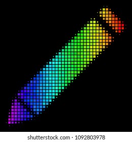 Pixel impressive halftone edit pencil icon in spectrum color tinges with horizontal gradient on a black background.