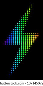 Pixel impressive halftone electric bolt icon using rainbow color hues with horizontal gradient on a black background. Colorful vector pattern of electric bolt symbol made from spheric dots.