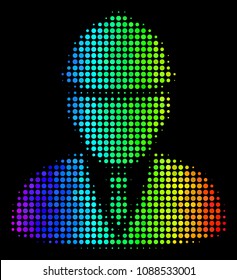 Pixel impressive halftone engineer icon in spectral color shades with horizontal gradient on a black background. Bright vector composition of engineer pictogram done with circle pixels.