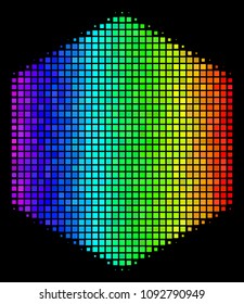 Pixel impressive halftone filled hexagon icon drawn with rainbow color tints with horizontal gradient on a black background.