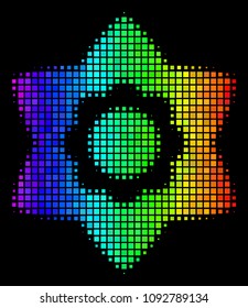Pixel impressive halftone flower icon in spectrum color tinges with horizontal gradient on a black background. Color vector mosaic of flower pictogram designed of rectangle cells.