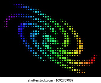 Pixel impressive halftone galaxy icon drawn with rainbow color shades with horizontal gradient on a black background. Colorful vector composition of galaxy illustration formed from square dots.