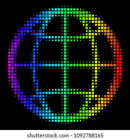 Pixel impressive halftone globe icon drawn with spectrum color tints with horizontal gradient on a black background. Color vector composition of globe symbol formed of rectangle cells.