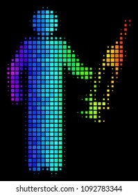 Pixel impressive halftone medic icon using spectral color tinges with horizontal gradient on a black background. Multicolored vector collage of medic illustration created with rectangular cells.