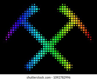 Pixel impressive halftone mining hammers icon in spectral color tints with horizontal gradient on a black background. Multicolored vector pattern of mining hammers symbol combined from square dots.