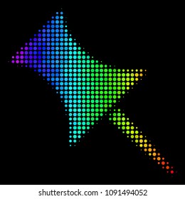 Pixel impressive halftone pin icon drawn with rainbow color tinges with horizontal gradient on a black background. Multicolored vector collage of pin pictogram done from round cells.
