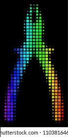 Pixel impressive halftone pliers icon in spectral color shades with horizontal gradient on a black background. Bright vector mosaic of pliers illustration constructed of square cells.
