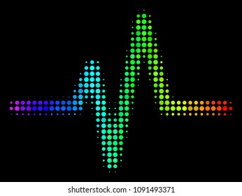 Pixel impressive halftone pulse icon drawn with spectral color shades with horizontal gradient on a black background. Colorful vector mosaic of pulse symbol composed of circle cells.