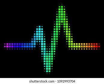 Pixel impressive halftone pulse icon drawn with spectral color hues with horizontal gradient on a black background. Bright vector pattern of pulse illustration formed of square cells.