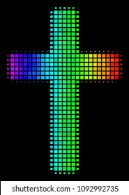 Pixel impressive halftone religious cross icon using spectral color tints with horizontal gradient on a black background.