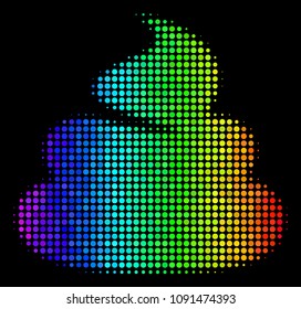 Pixel impressive halftone shit icon drawn with spectrum color tinges with horizontal gradient on a black background. Colorful vector collage of shit pictogram composed from round elements.