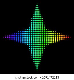 Pixel impressive halftone space star icon using rainbow color hues with horizontal gradient on a black background. Multicolored vector concept of space star symbol designed with circle points.