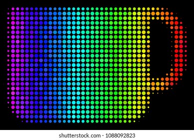 Pixel impressive halftone tea cup icon using spectrum color shades with horizontal gradient on a black background. Colorful vector composition of tea cup illustration made of round cells.