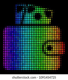 Pixel impressive halftone wallet icon in spectral color tones with horizontal gradient on a black background. Colorful vector composition of wallet pictogram done of circle pixels.