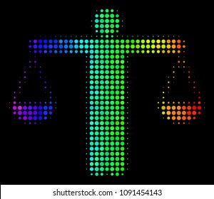 Pixel impressive halftone weight comparing person icon using spectral color hues with horizontal gradient on a black background.