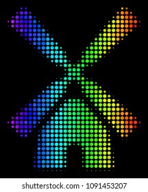 Pixel impressive halftone wind mill icon using rainbow color tints with horizontal gradient on a black background. Bright vector composition of wind mill illustration constructed from circle elements.