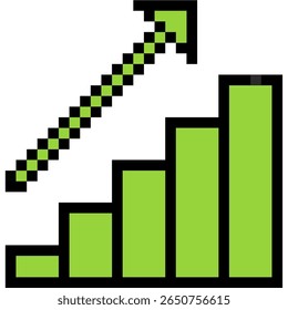 Vetor de gráfico de barras de aumento de pixel, uma visualização em estilo retrô para crescimento positivo e tendências de aumento. Ideal para painéis de jogos, relatórios digitais ou designs nostálgicos que ilustram o progresso.
