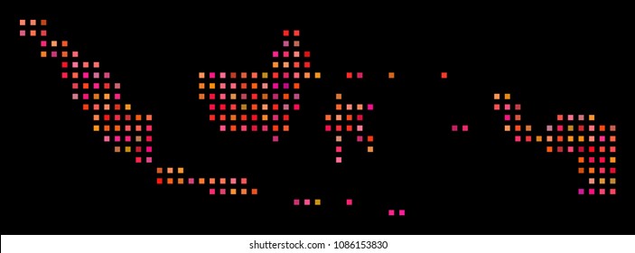 Pixel Indonesia map. Vector geographical plan in red color hues on a black background. Abstract mosaic of Indonesia map combined from regular square dots.