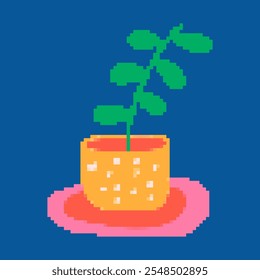 Pixel indoor planter 16-bit retro video game graphic. Home decoration asset, Simple and modern game art elements isolated.