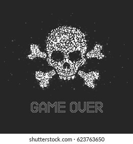 Pixel inscription "game over" with skull and crossbones. Message on the video game screen. Vector illustration.